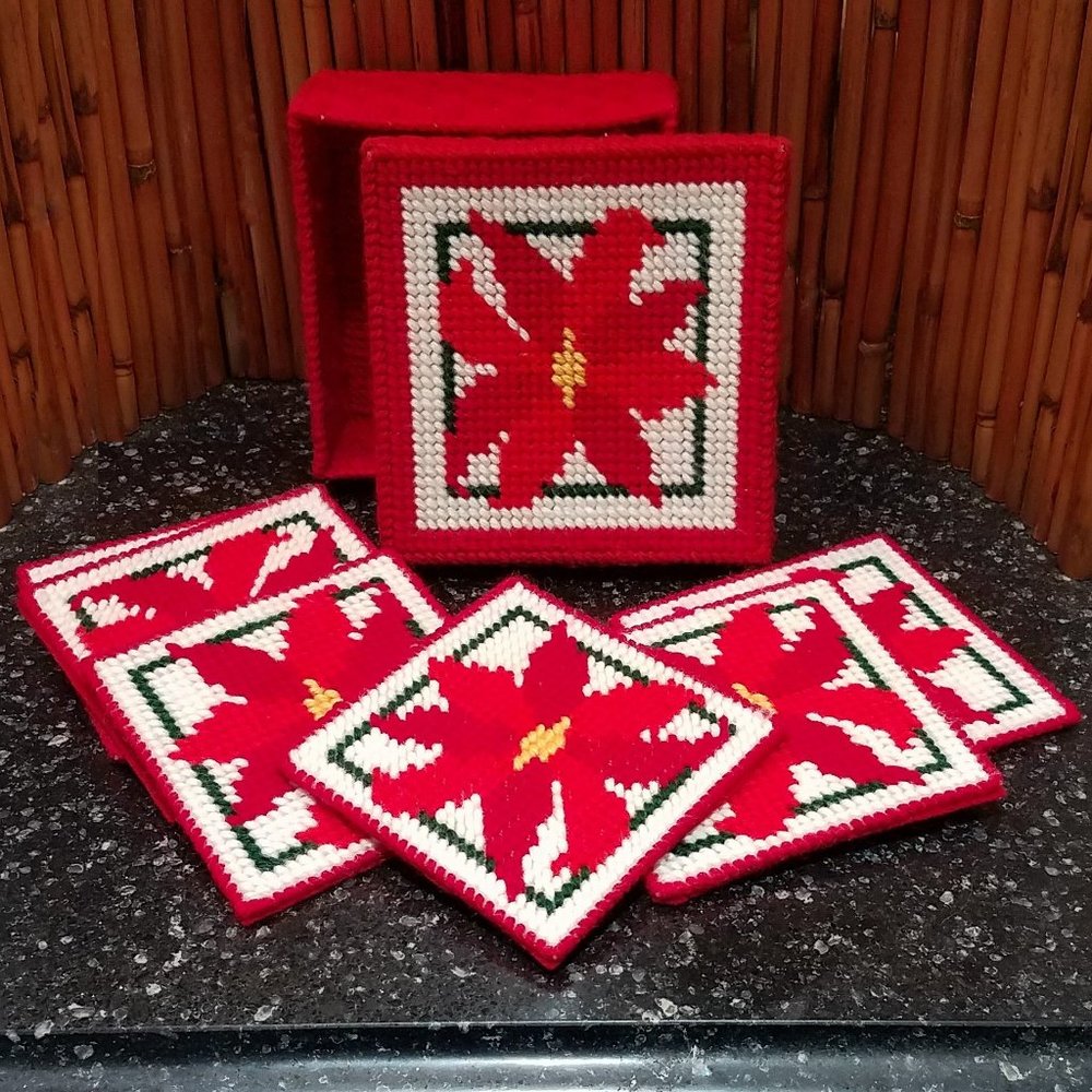 Vintage Needlepoint Poinsettia Coaster Set
